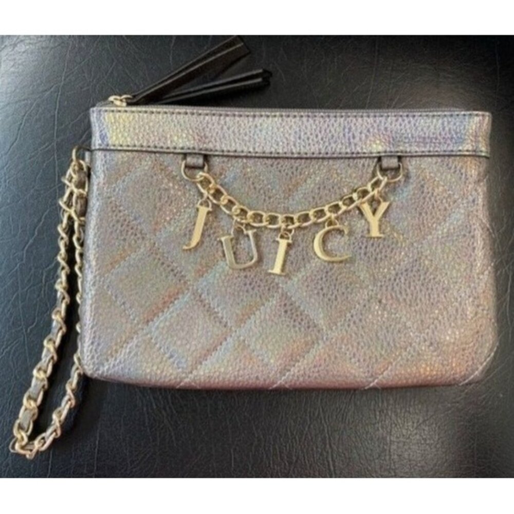 Juicy Couture Quilted Metallic Wristlet With Chain Strap &‎ Pink Crown Lining